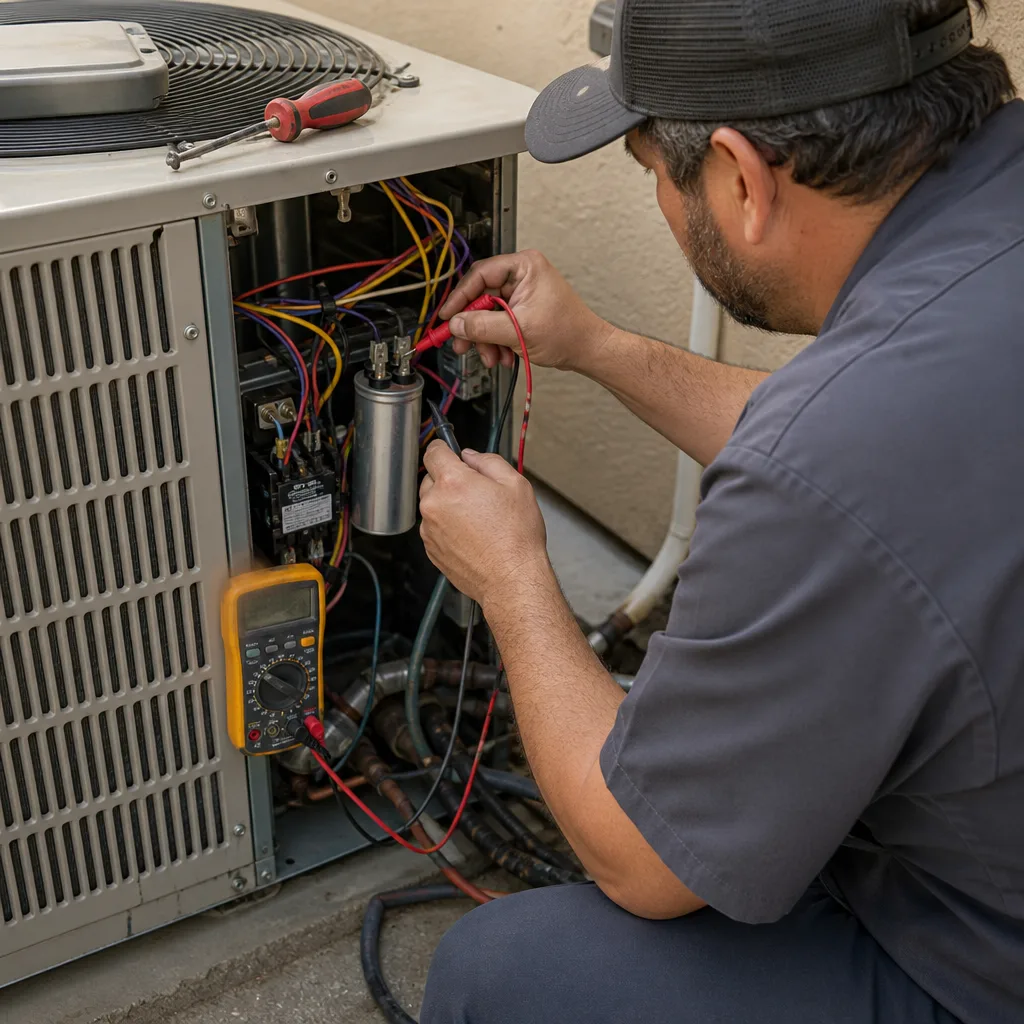 HVAC technician testing an air conditioning capacitor with a digital multimeter