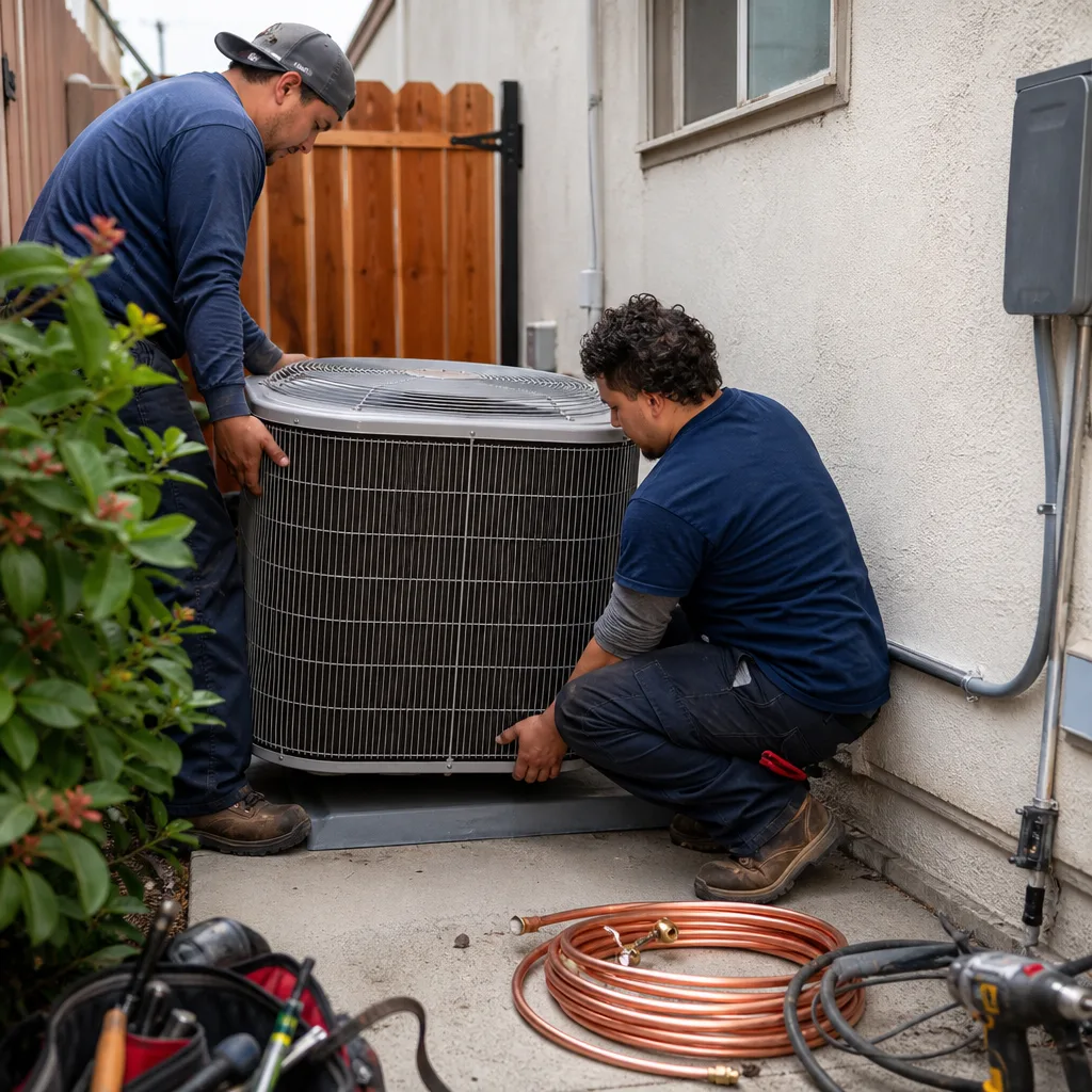 Two HVAC technicians installing an outdoor air conditioning unit