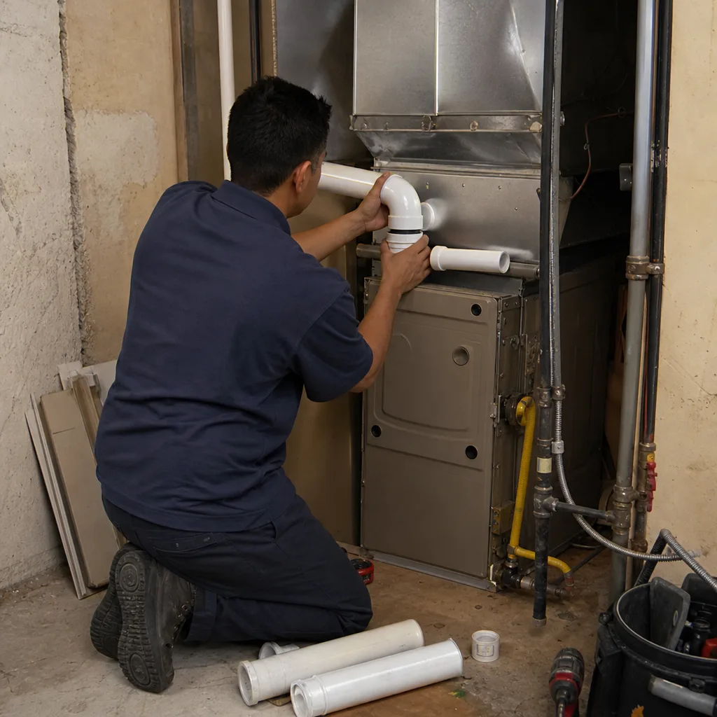 HVAC technician installing PVC exhaust piping on a home furnace system
