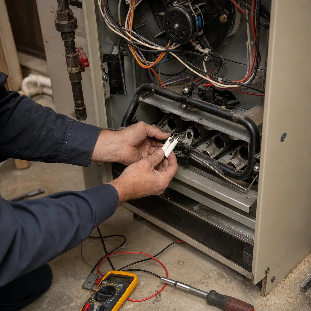 HVAC technician performing furnace repair and inspection on a residential unit.